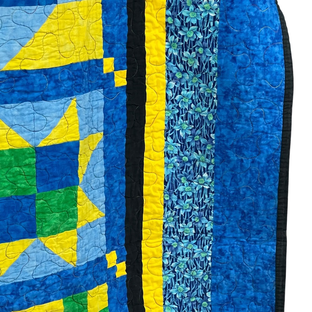 Handmade Modern Farmhouse Patchwork Quilt Blue Yellow Geometric Star 64x70 - Picture 5 of 7